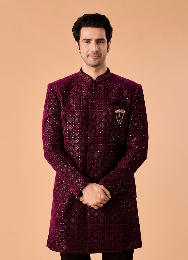 Manyavar Men Regal Wine Velvet Indo Western