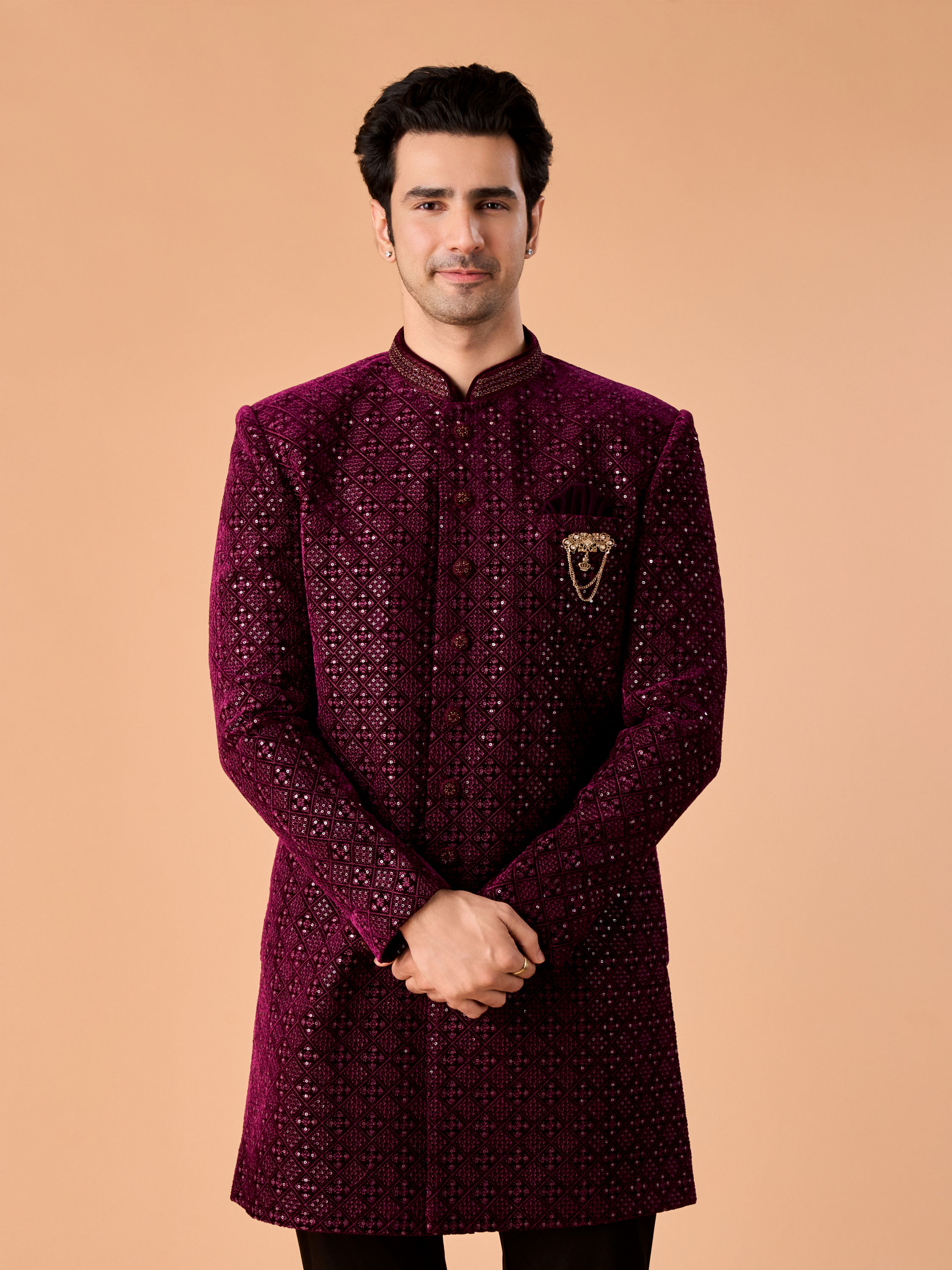 Manyavar Men Regal Wine Velvet Indo Western
