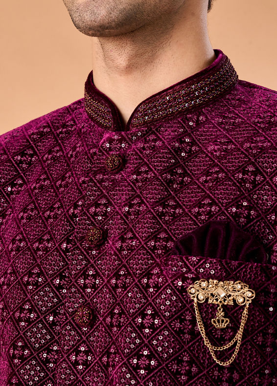 Manyavar Men Regal Wine Velvet Indo Western