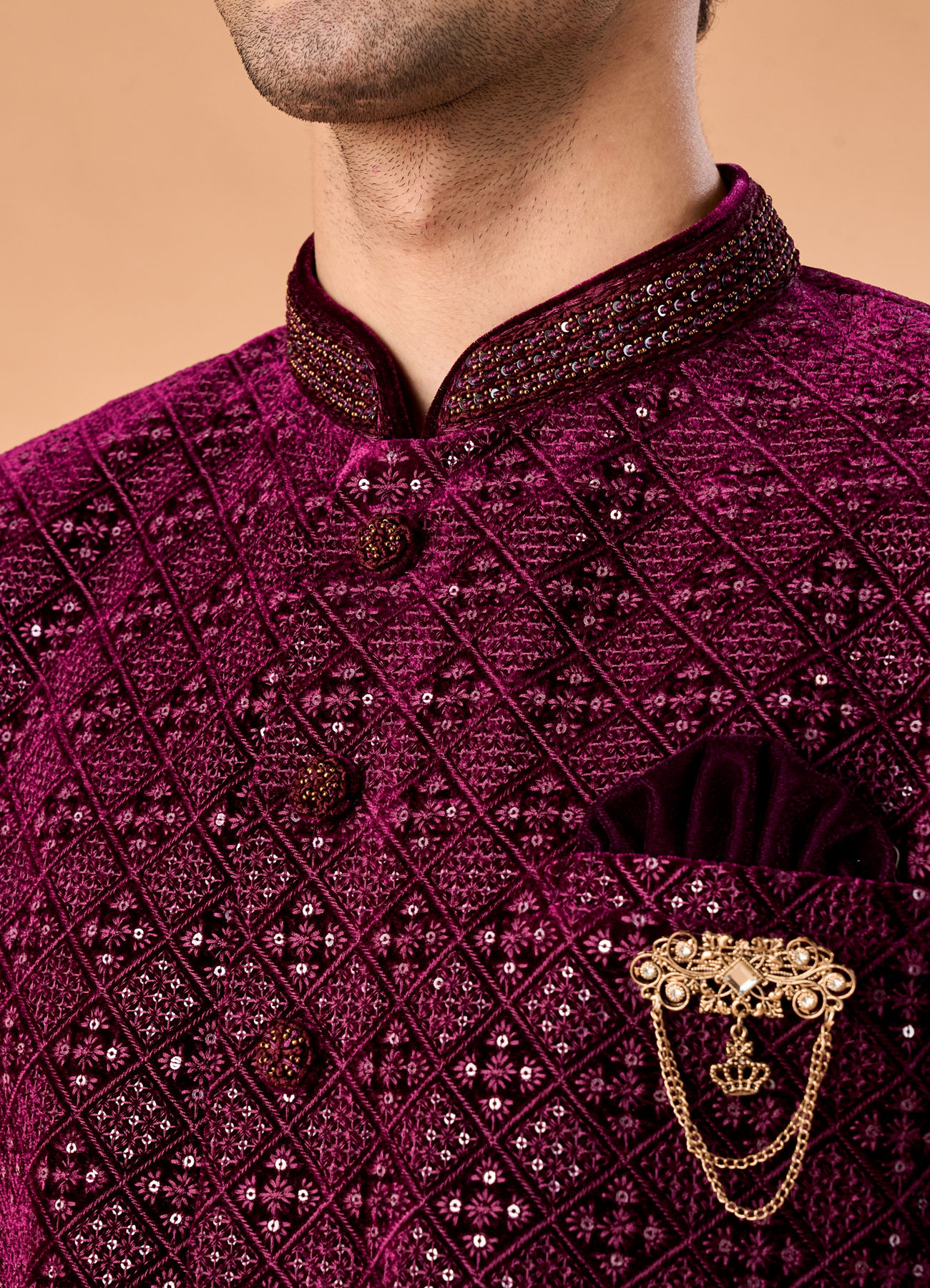 Manyavar Men Regal Wine Velvet Indo Western