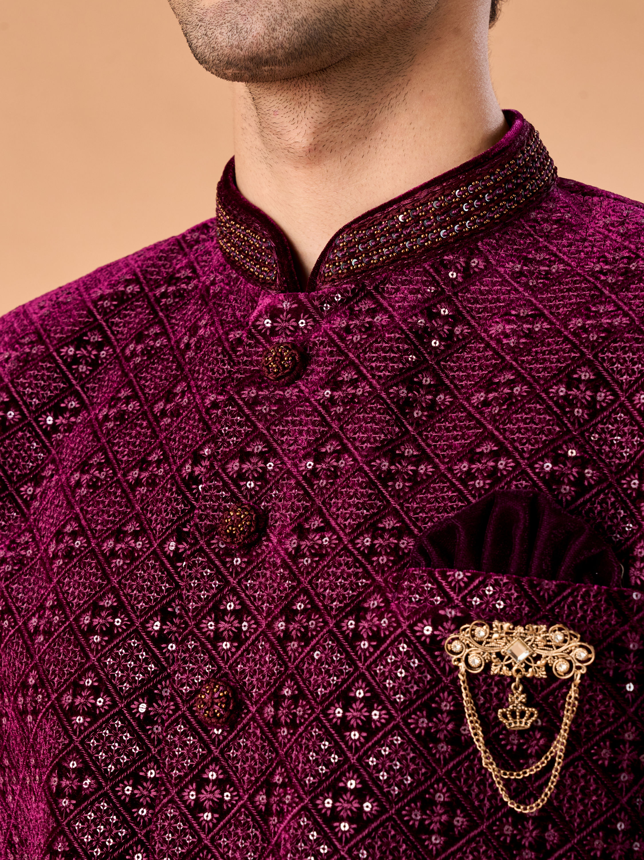 Manyavar Men Regal Wine Velvet Indo Western