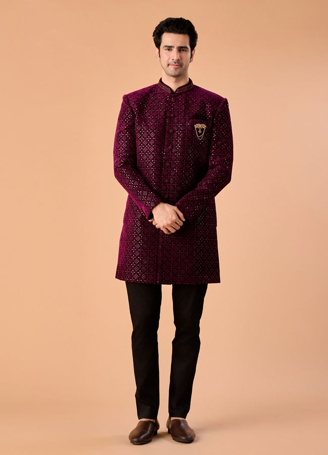 Manyavar Men Regal Wine Velvet Indo Western