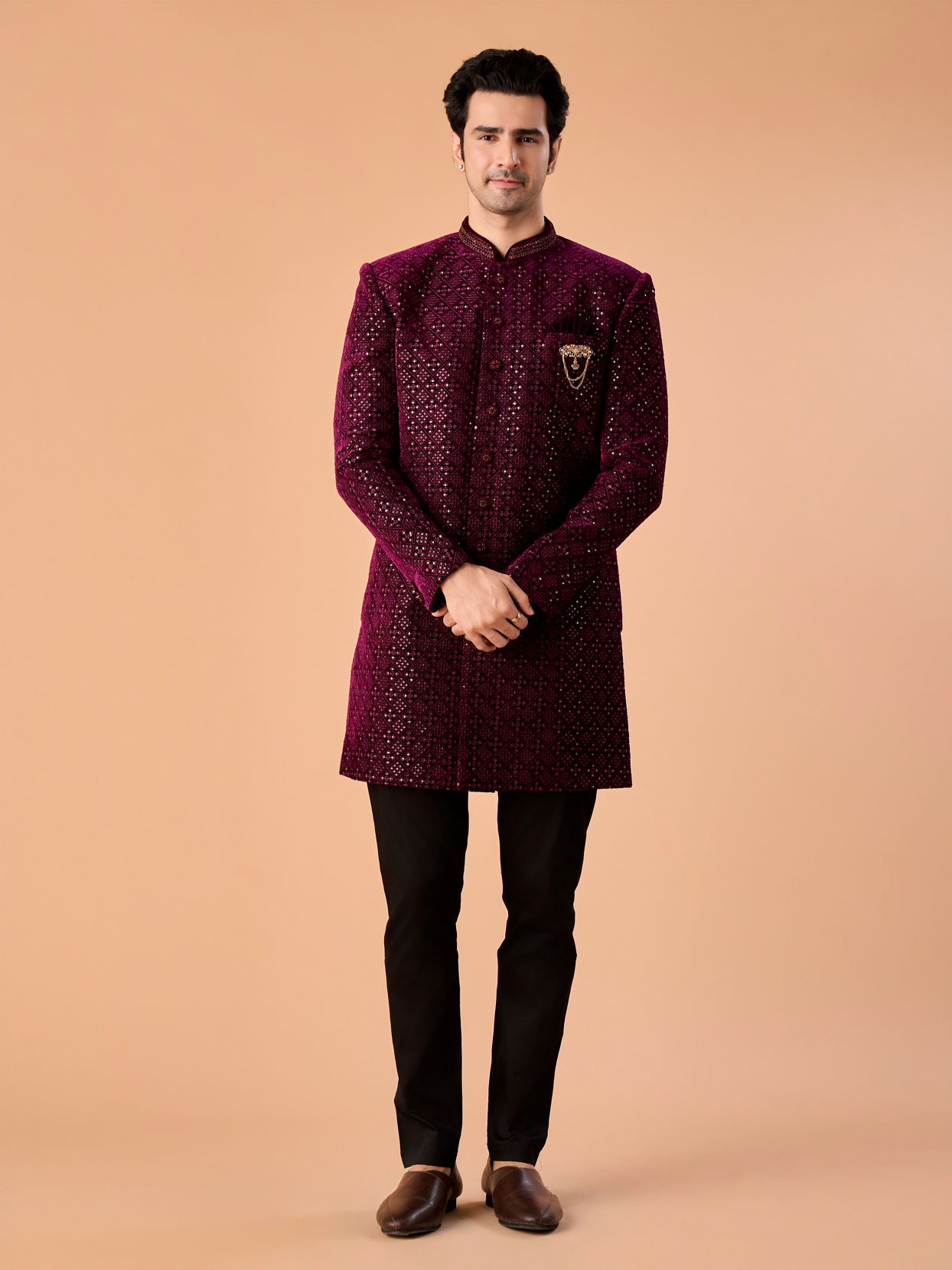 Manyavar Men Regal Wine Velvet Indo Western