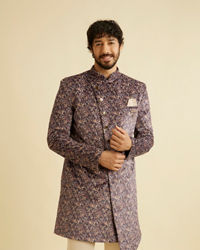 Manyavar Men Bright Lilac Bel Buti Embroidered Indo Western Set