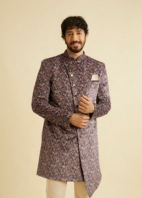 alt message - Manyavar Men Bright Lilac Bel Buti Embroidered Indo Western Set image number 0