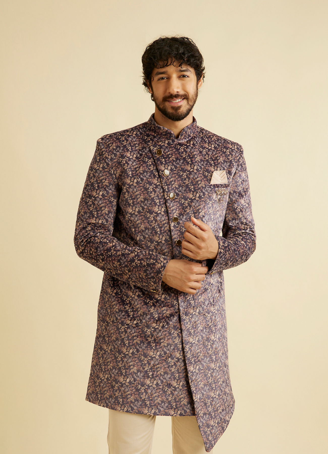 Manyavar Men Bright Lilac Bel Buti Embroidered Indo Western Set