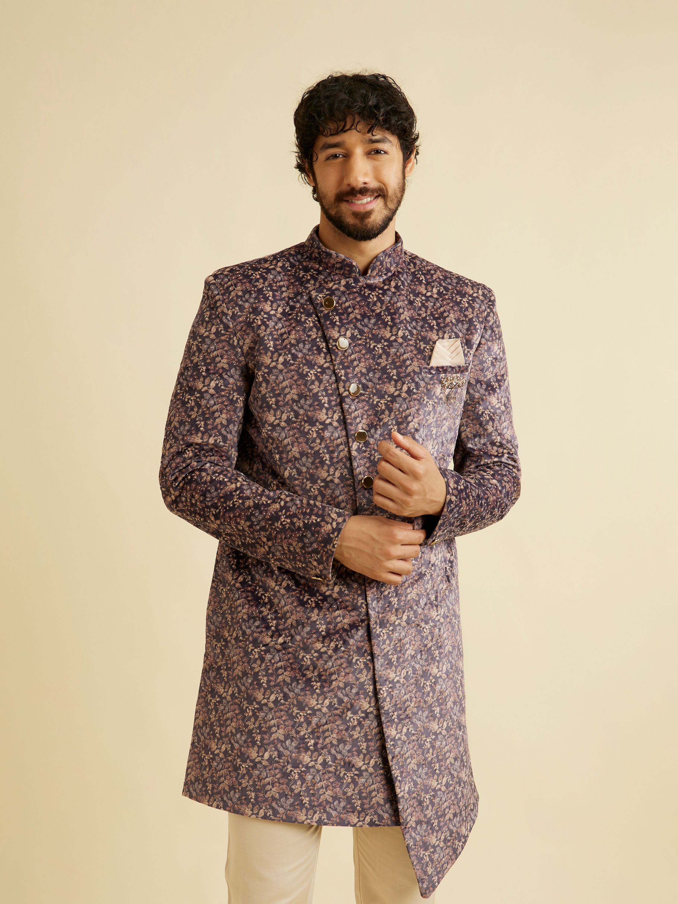 Manyavar Men Bright Lilac Bel Buti Embroidered Indo Western Set