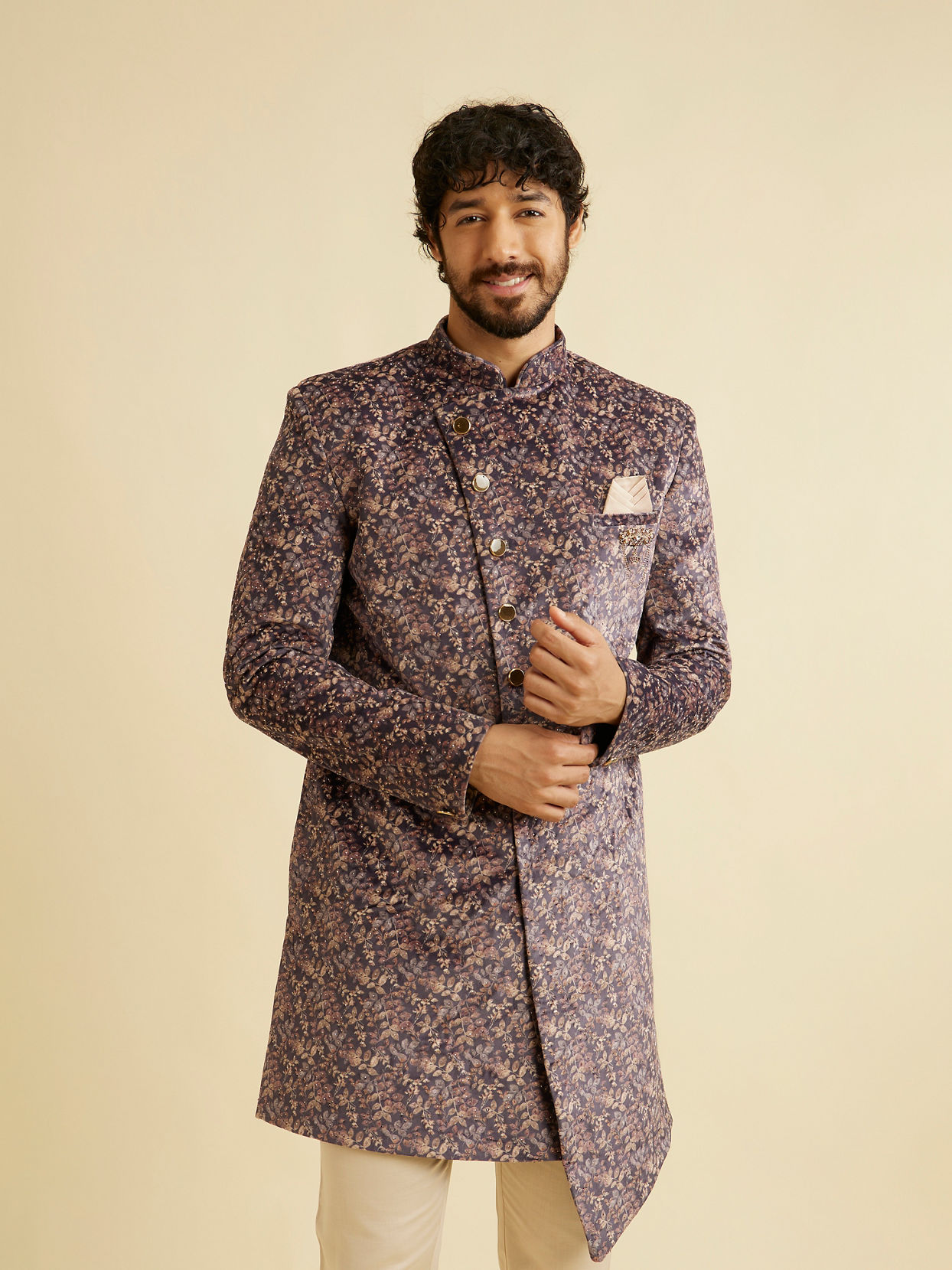 alt message - Manyavar Men Bright Lilac Bel Buti Embroidered Indo Western Set image number 0