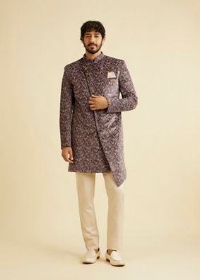 alt message - Manyavar Men Bright Lilac Bel Buti Embroidered Indo Western Set image number 2