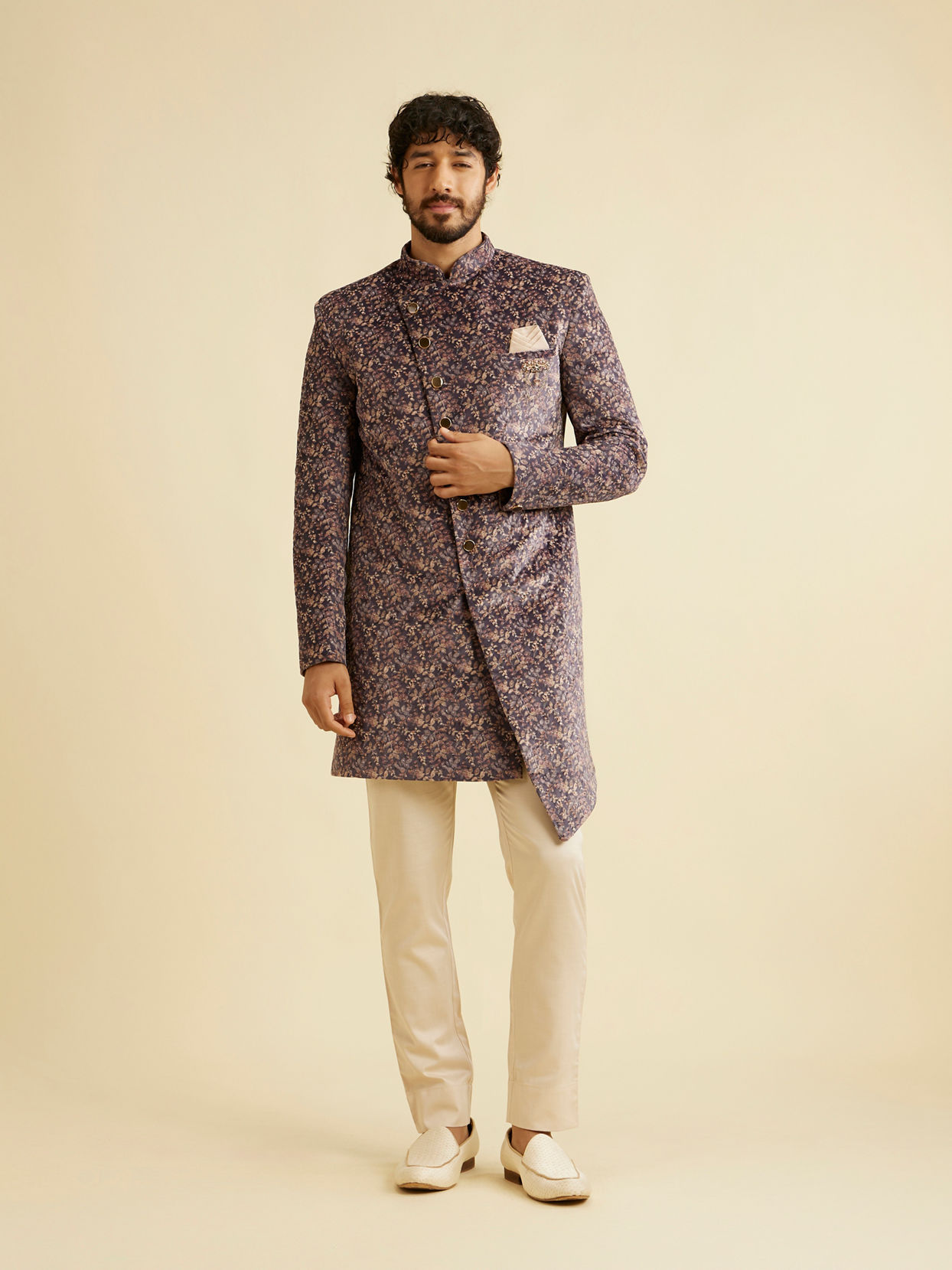 Manyavar Men Bright Lilac Bel Buti Embroidered Indo Western Set