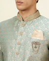 alt message - Manyavar Men Sage Green Floral Jaal Patterned Indo Western Set image number 1