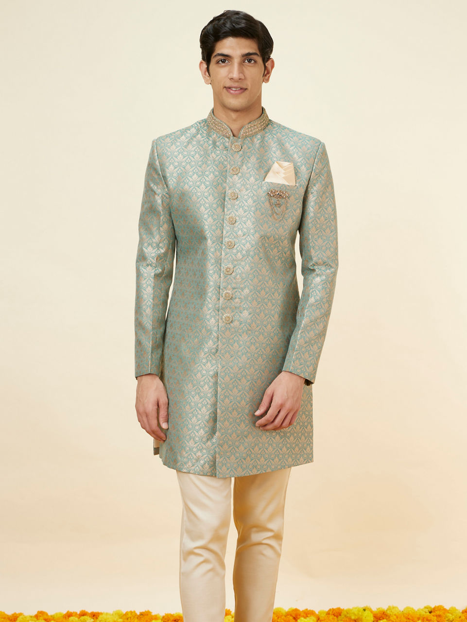 Manyavar Men Sage Green Floral Jaal Patterned Indo Western Set