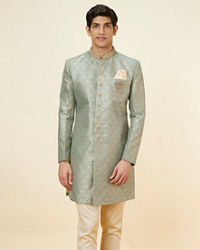 Manyavar Men Sage Green Floral Jaal Patterned Indo Western Set