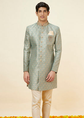 alt message - Manyavar Men Sage Green Floral Jaal Patterned Indo Western Set image number 0