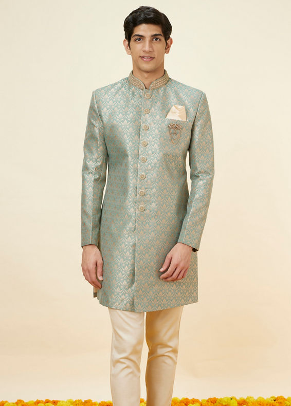 Manyavar Men Sage Green Floral Jaal Patterned Indo Western Set