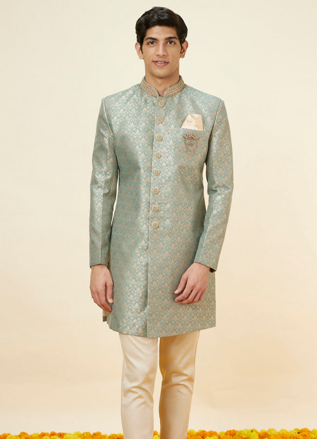 alt message - Manyavar Men Sage Green Floral Jaal Patterned Indo Western Set image number 0