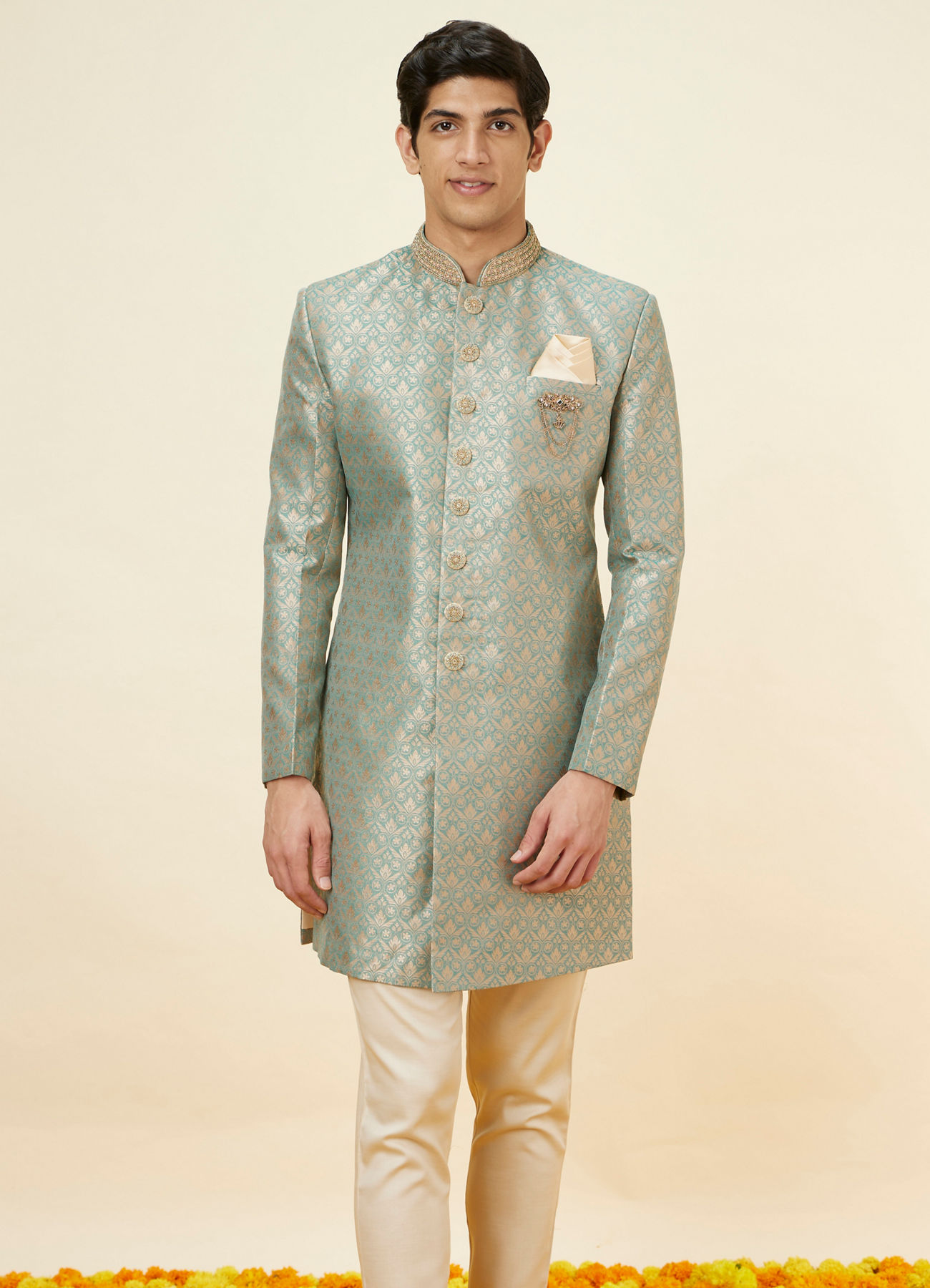 Manyavar Men Sage Green Floral Jaal Patterned Indo Western Set