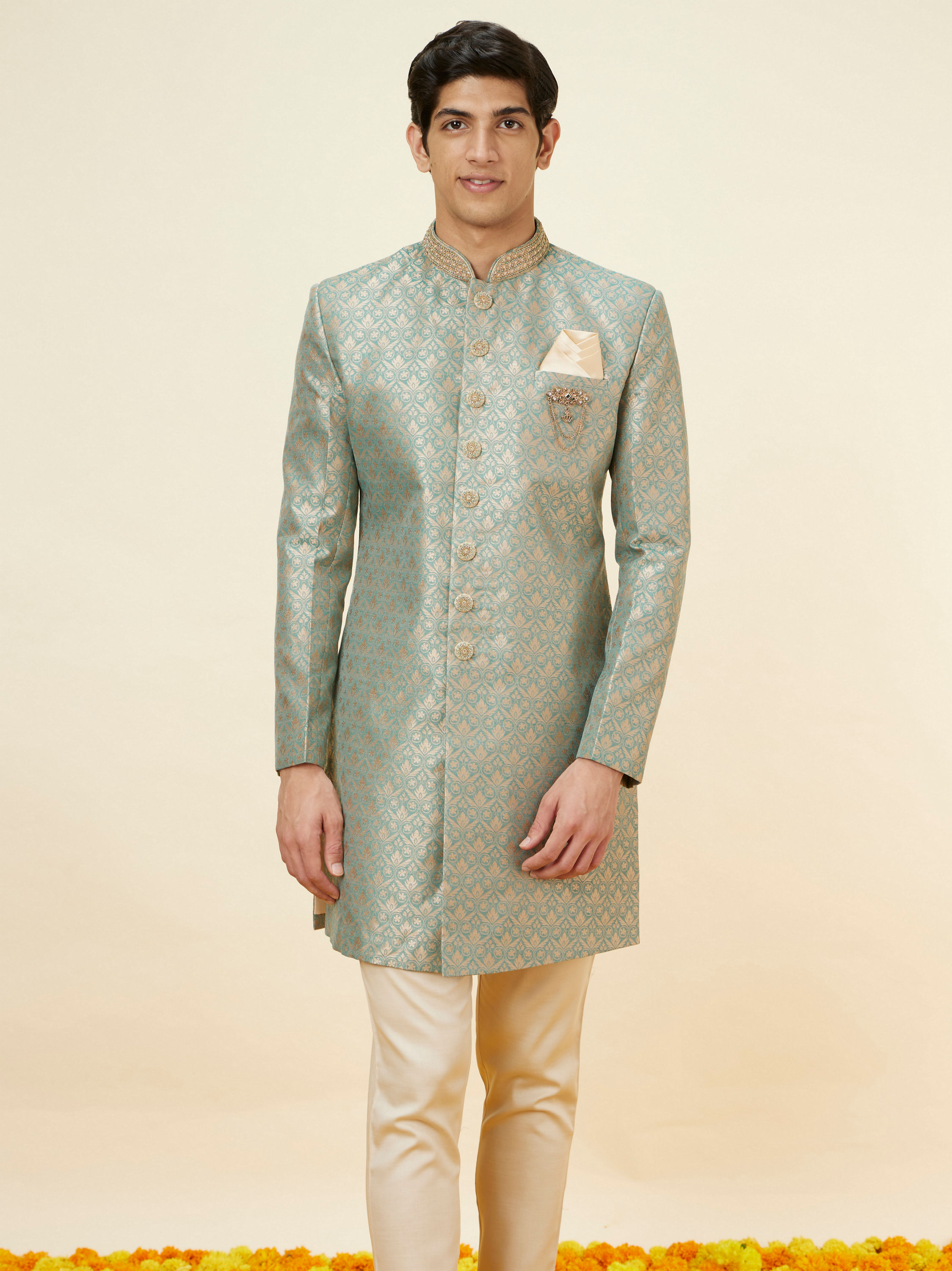 Manyavar Men Sage Green Floral Jaal Patterned Indo Western Set