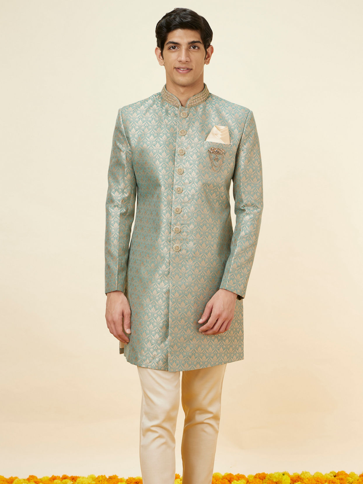 alt message - Manyavar Men Sage Green Floral Jaal Patterned Indo Western Set image number 0