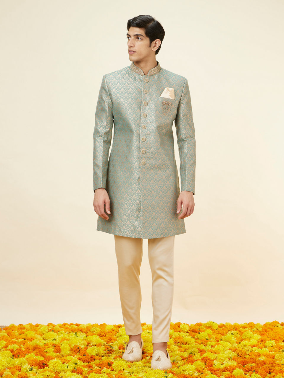 Manyavar Men Sage Green Floral Jaal Patterned Indo Western Set