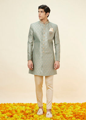 alt message - Manyavar Men Sage Green Floral Jaal Patterned Indo Western Set image number 2