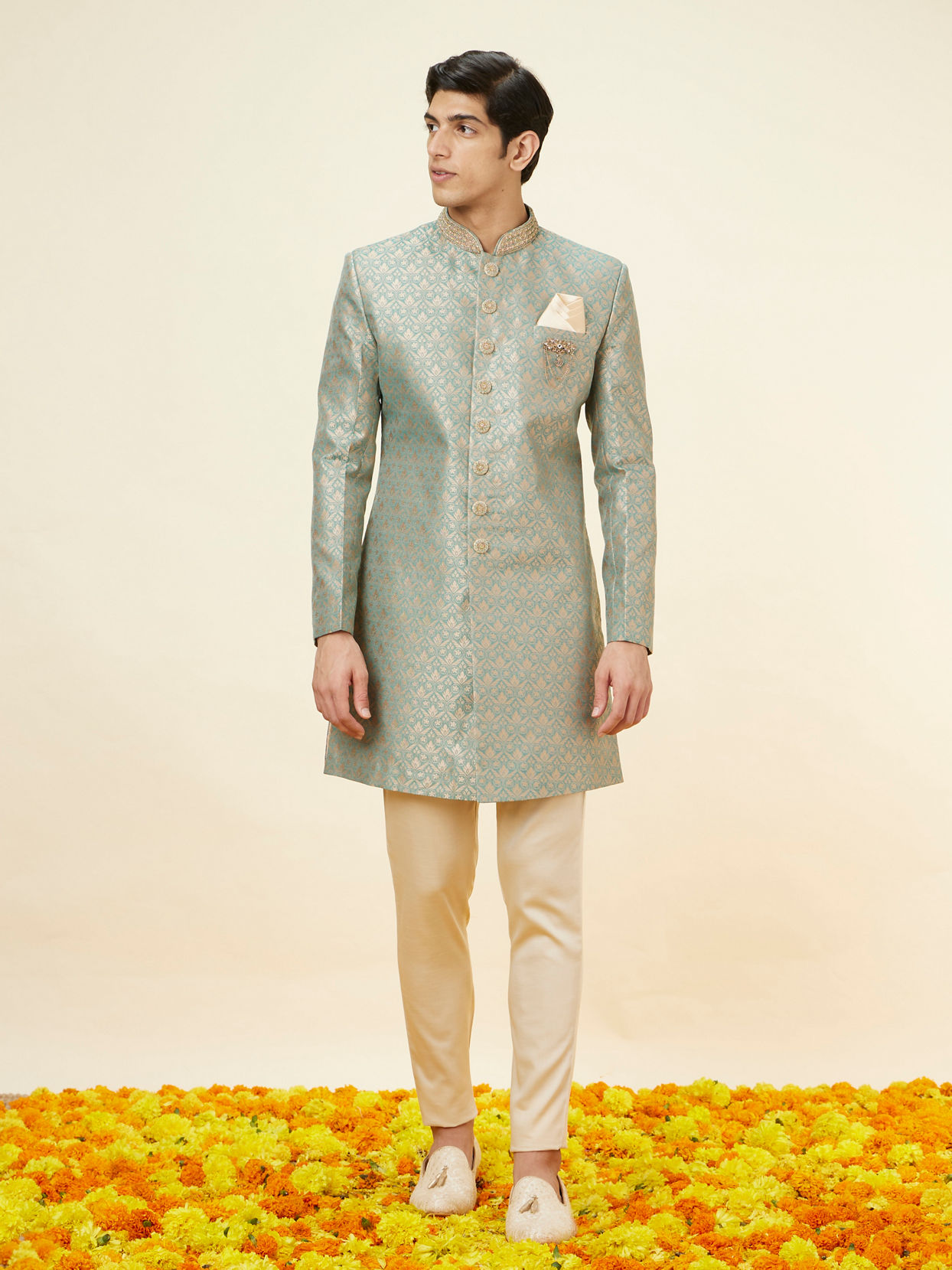 alt message - Manyavar Men Sage Green Floral Jaal Patterned Indo Western Set image number 2