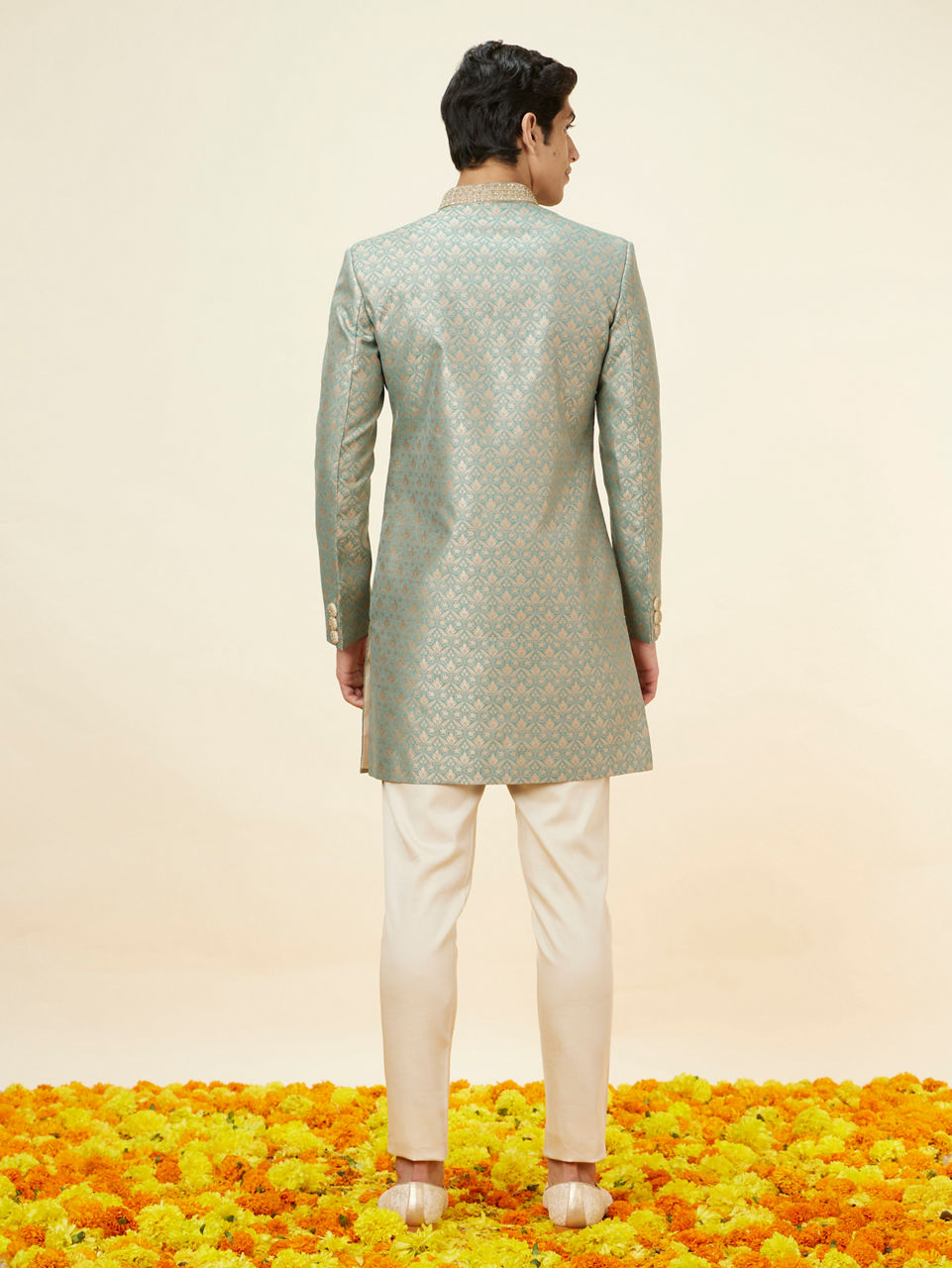 Manyavar Men Sage Green Floral Jaal Patterned Indo Western Set