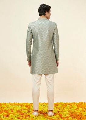 alt message - Manyavar Men Sage Green Floral Jaal Patterned Indo Western Set image number 4