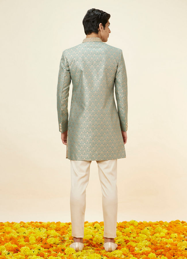 Manyavar Men Sage Green Floral Jaal Patterned Indo Western Set