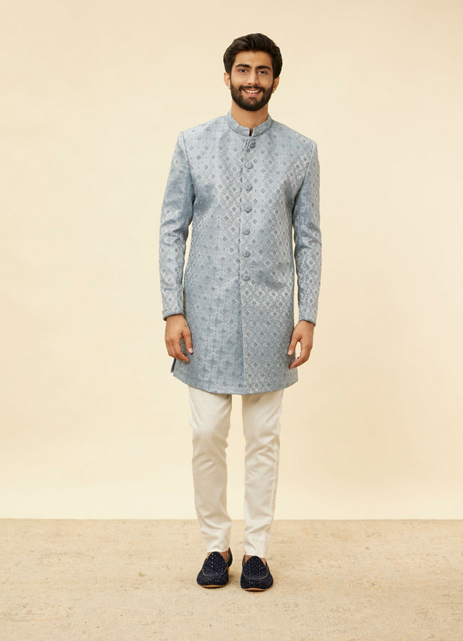 Manyavar Men Powder Blue Jaal Patterned Cutdana Embellished Indo Western Set