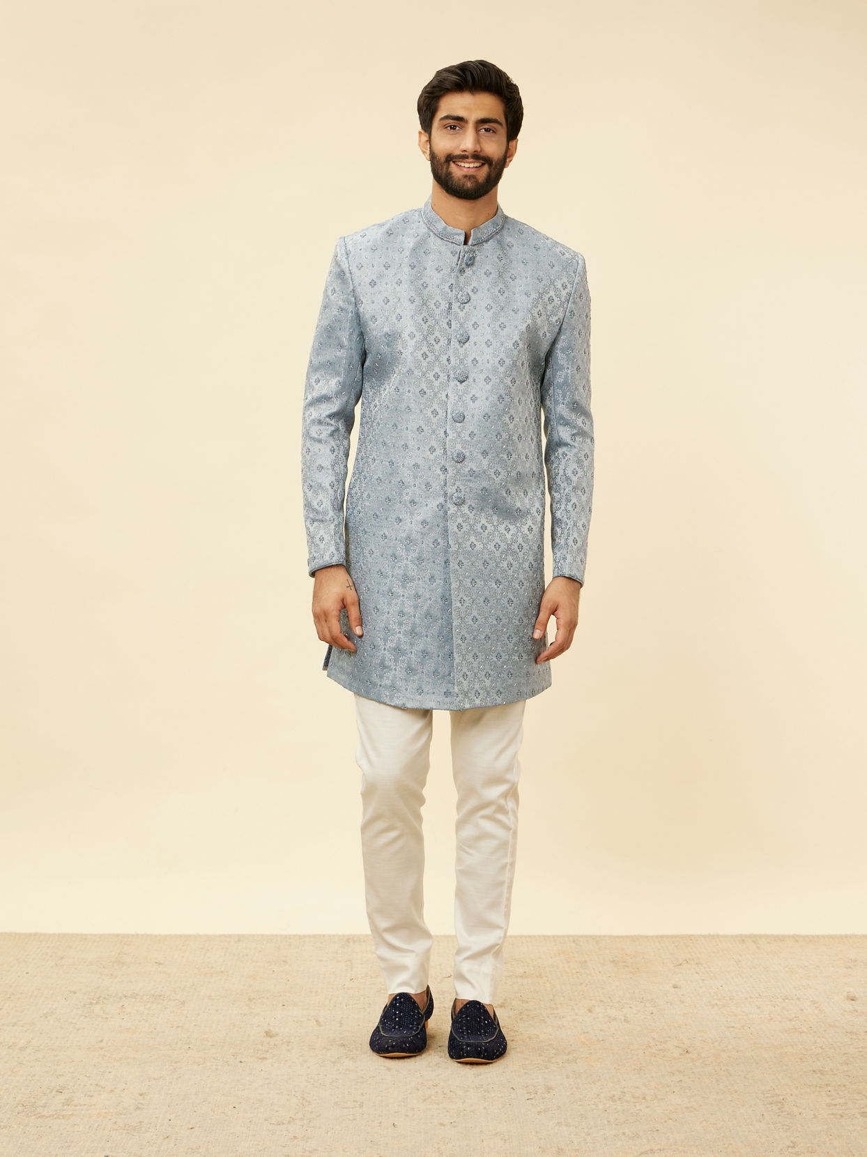 Manyavar Men Powder Blue Jaal Patterned Cutdana Embellished Indo Western Set