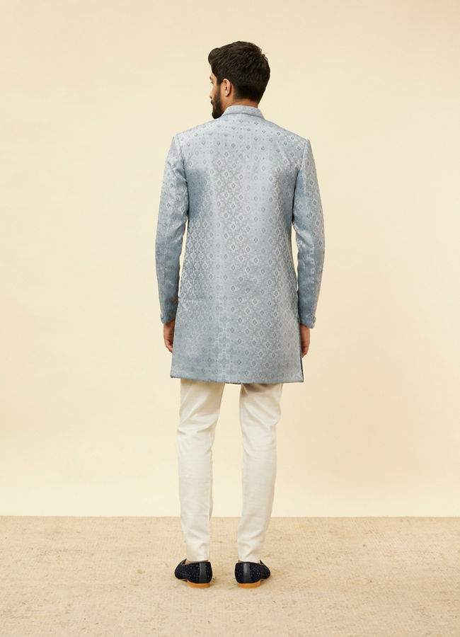 Manyavar Men Powder Blue Jaal Patterned Cutdana Embellished Indo Western Set