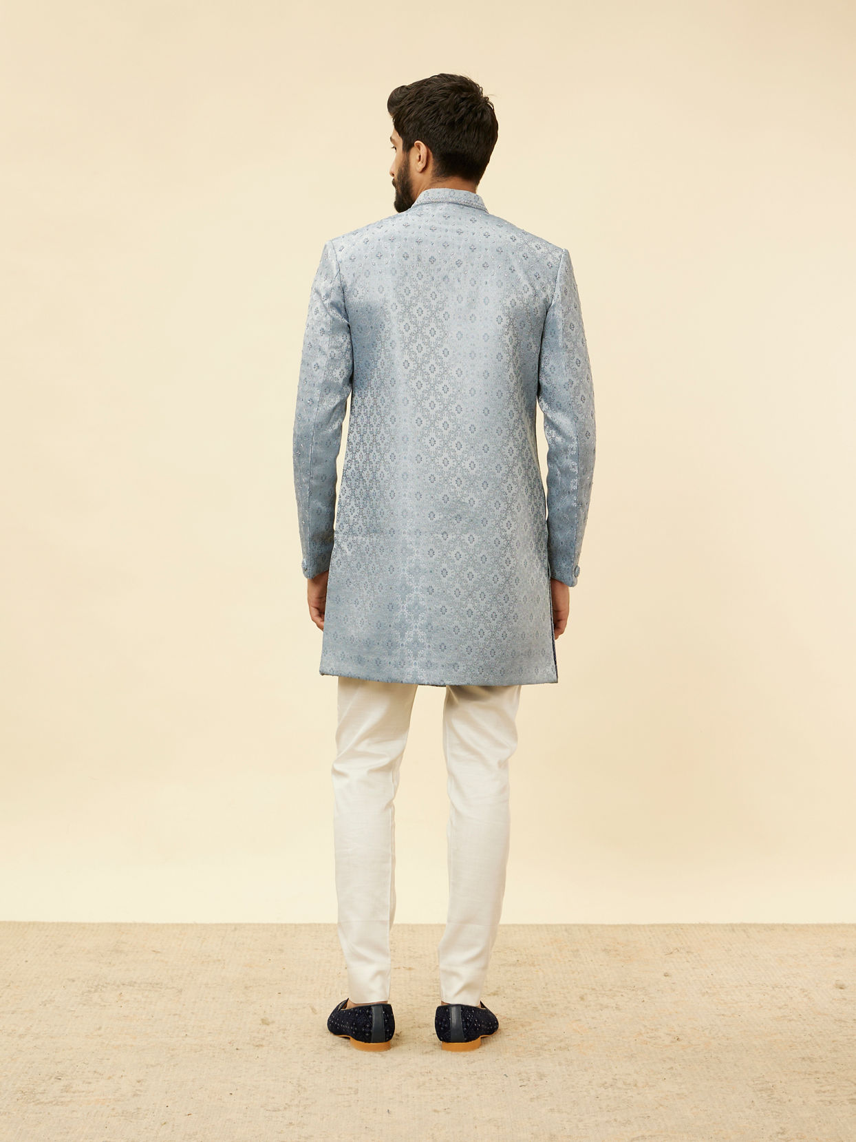 Manyavar Men Powder Blue Jaal Patterned Cutdana Embellished Indo Western Set