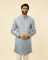 Manyavar Men Powder Blue Jaal Patterned Cutdana Embellished Indo Western Set