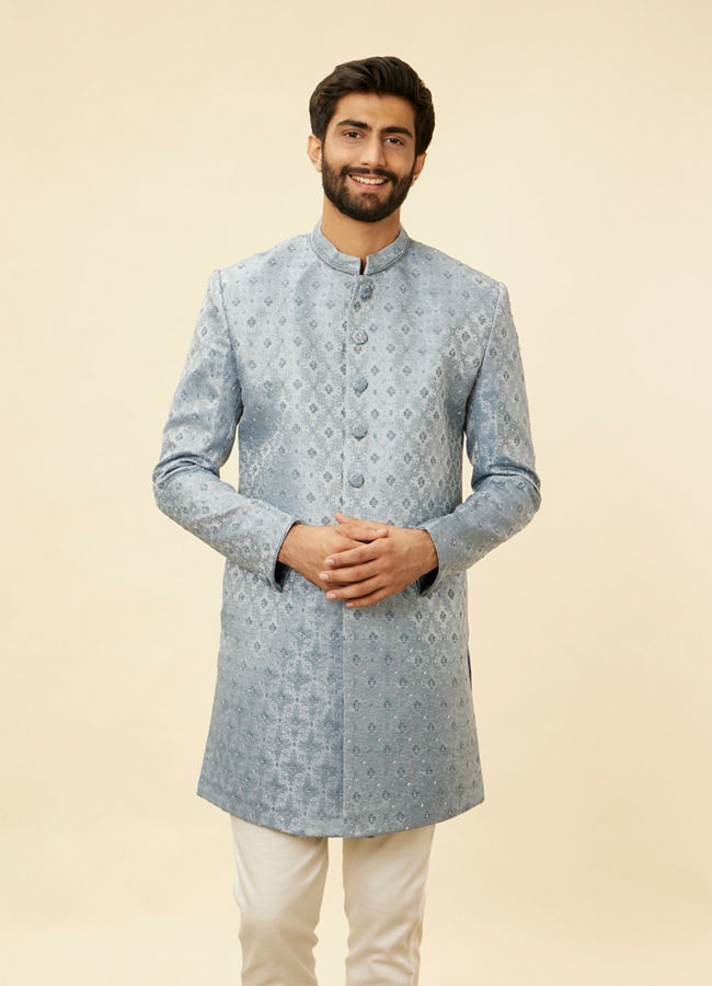 Manyavar Men Powder Blue Jaal Patterned Cutdana Embellished Indo Western Set