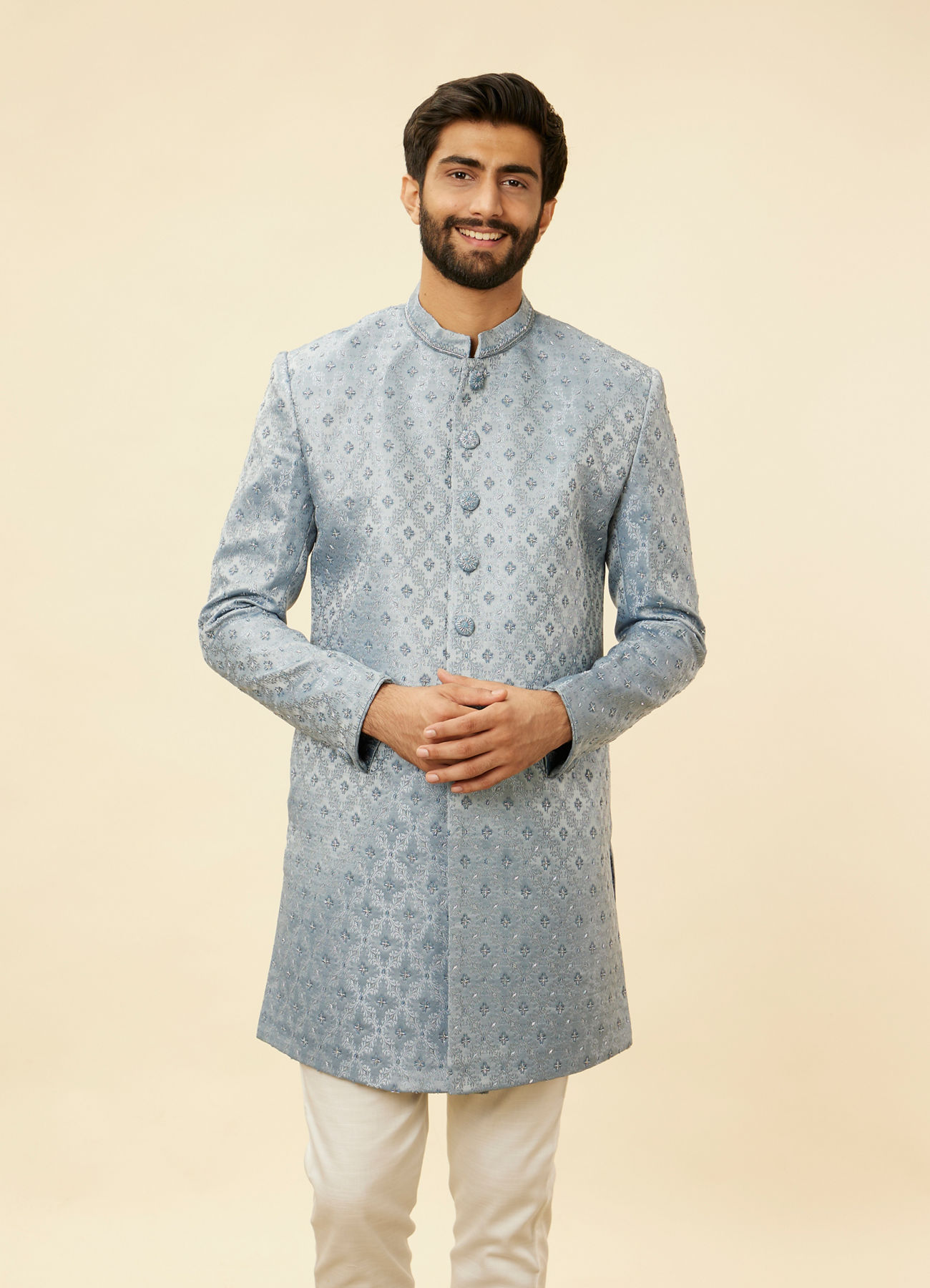 Manyavar Men Powder Blue Jaal Patterned Cutdana Embellished Indo Western Set