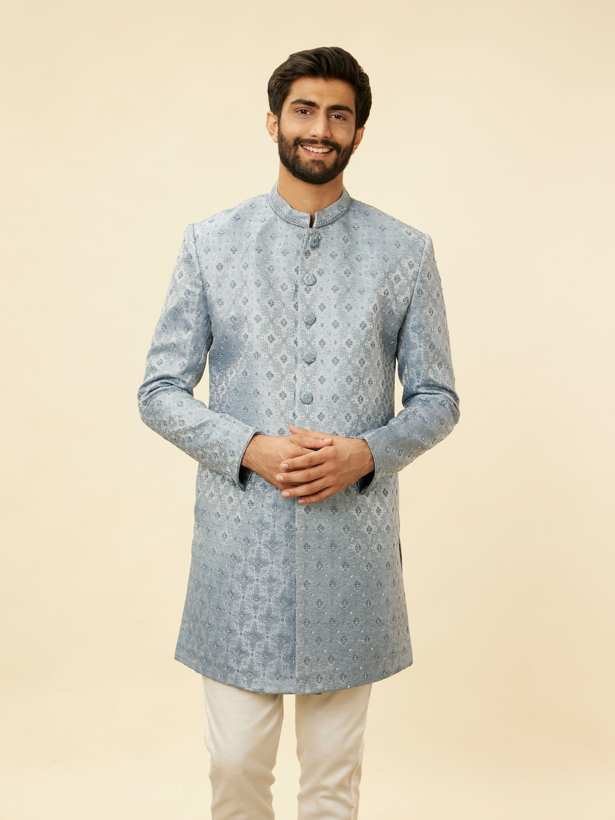 Manyavar Men Powder Blue Jaal Patterned Cutdana Embellished Indo Western Set