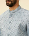 Manyavar Men Powder Blue Jaal Patterned Cutdana Embellished Indo Western Set