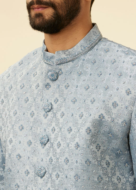 Manyavar Men Powder Blue Jaal Patterned Cutdana Embellished Indo Western Set