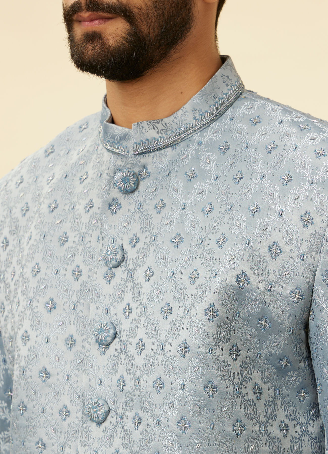 Manyavar Men Powder Blue Jaal Patterned Cutdana Embellished Indo Western Set