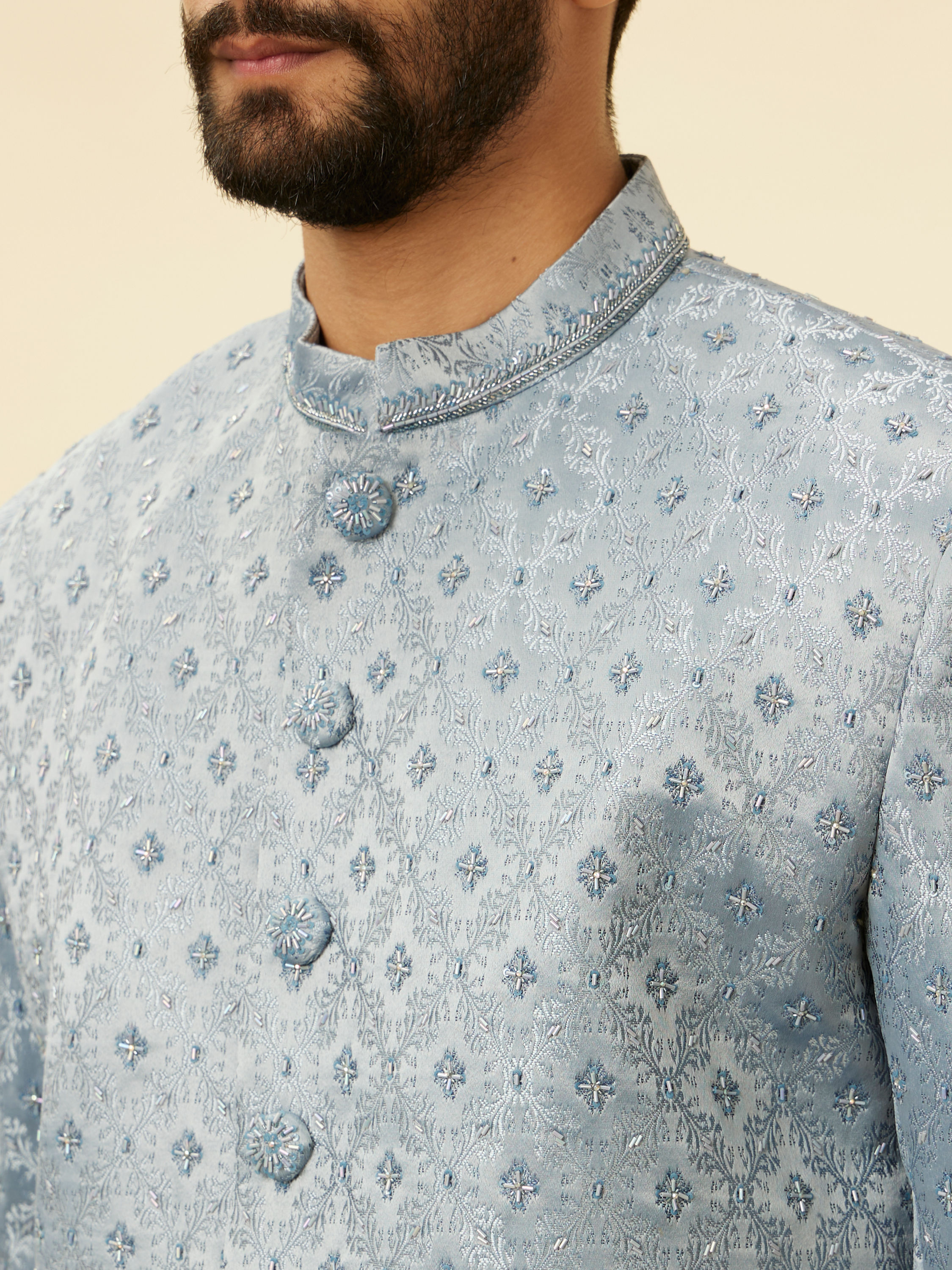 Manyavar Men Powder Blue Jaal Patterned Cutdana Embellished Indo Western Set