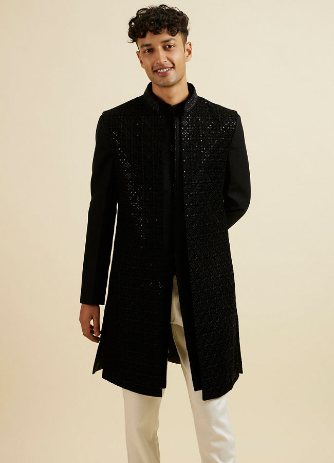 Manyavar Men Ebony Black Sequinned Embroidered Layered Indo Western Set