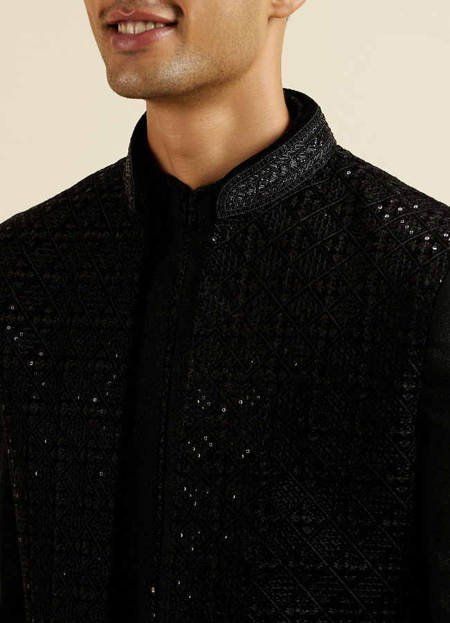 Manyavar Men Ebony Black Sequinned Embroidered Layered Indo Western Set