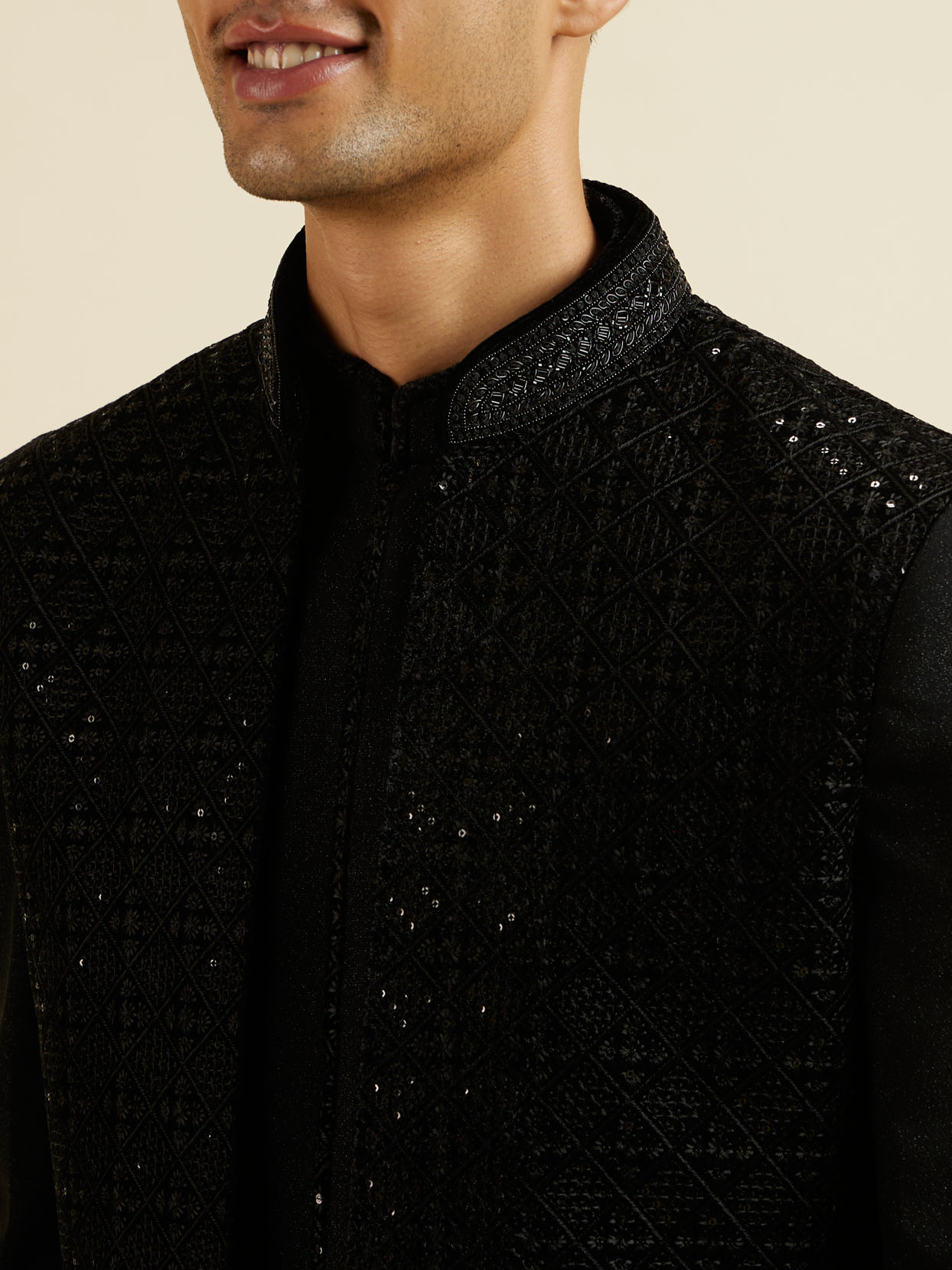 Manyavar Men Ebony Black Sequinned Embroidered Layered Indo Western Set