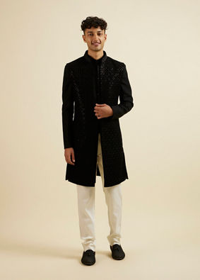 alt message - Manyavar Men Ebony Black Sequinned Embroidered Layered Indo Western Set image number 2