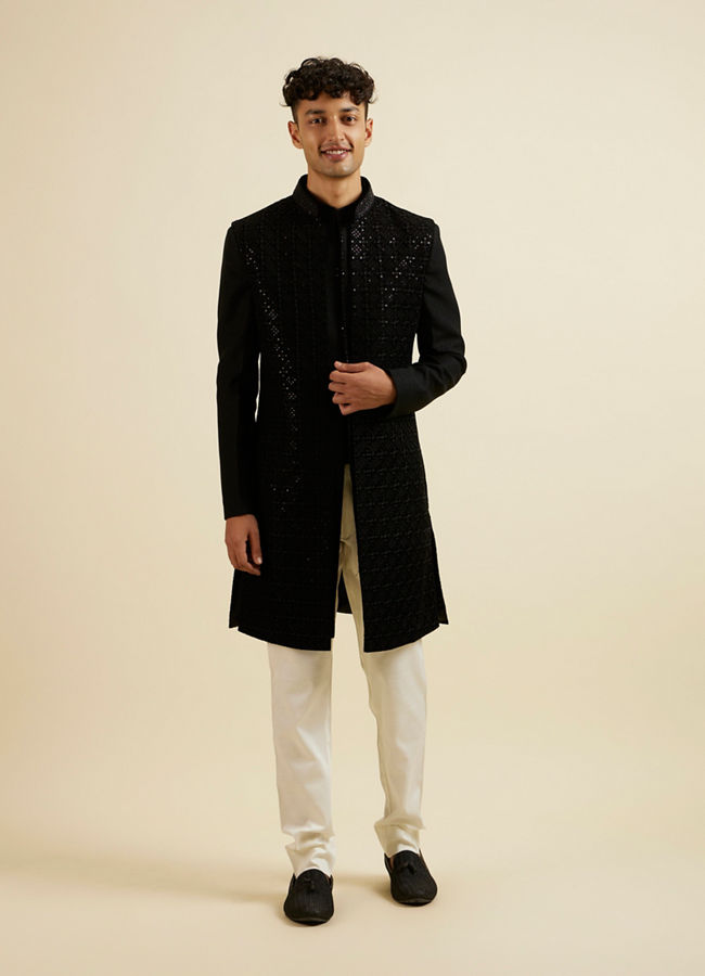 Manyavar Men Ebony Black Sequinned Embroidered Layered Indo Western Set
