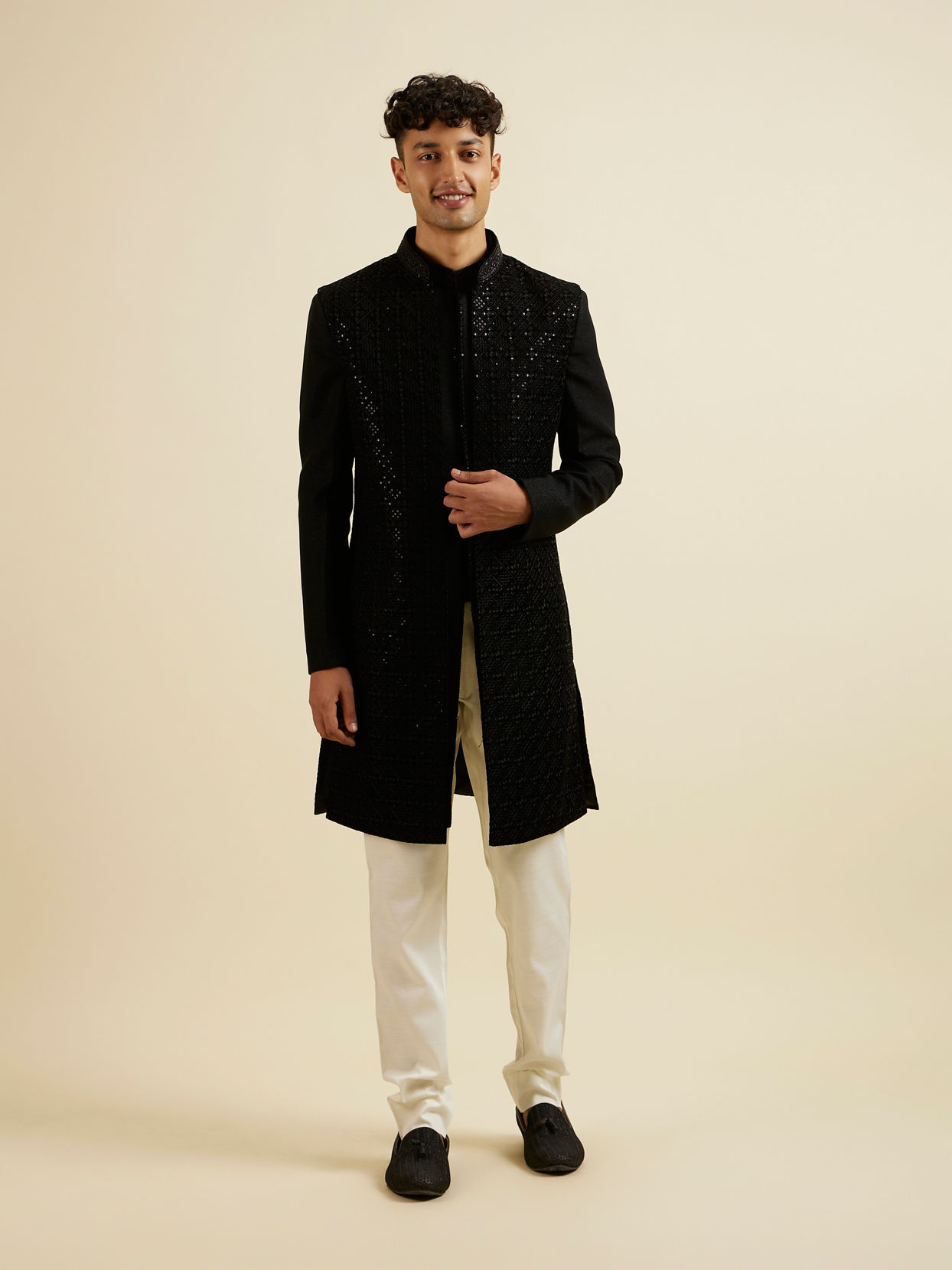 alt message - Manyavar Men Ebony Black Sequinned Embroidered Layered Indo Western Set image number 2