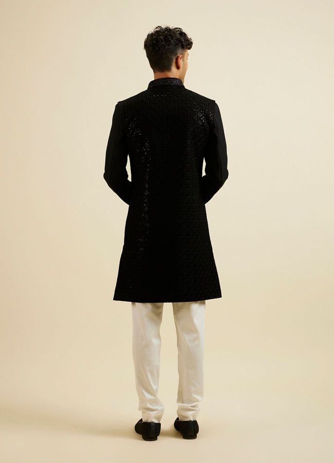 Manyavar Men Ebony Black Sequinned Embroidered Layered Indo Western Set
