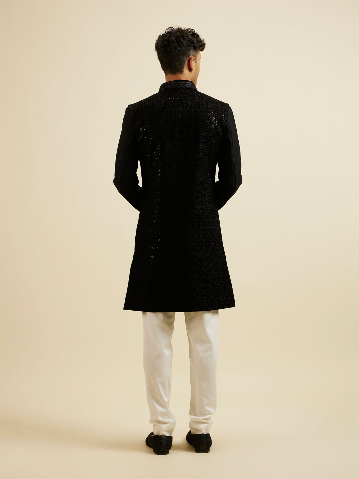 Manyavar Men Ebony Black Sequinned Embroidered Layered Indo Western Set