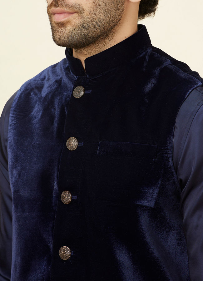 Manyavar Men Navy Blue Layered Indo Western Set